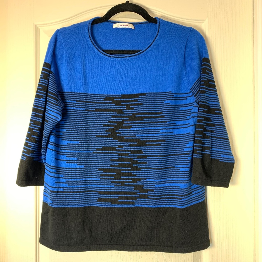 Tanjay Blue & Black Y2K Knit Top – Lightweight Graphic Sweater, 3/4 Sleeves - M